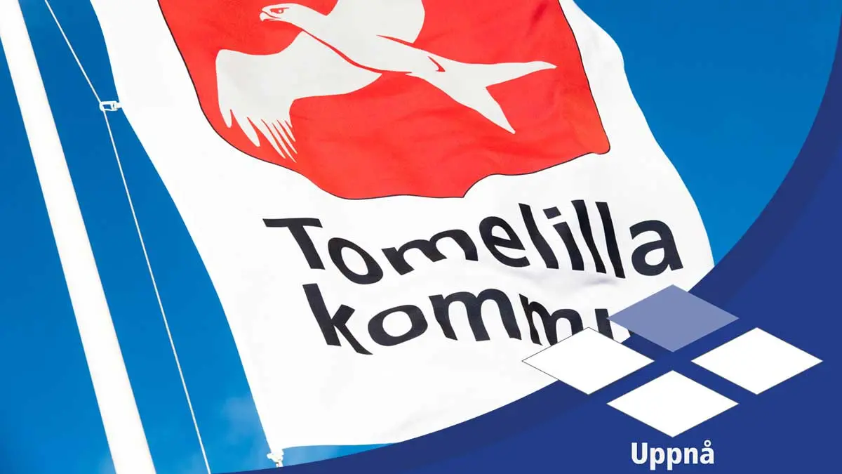 Tomelilla kommuns flagga, med grafiken för uppnå från innovationsportföljen