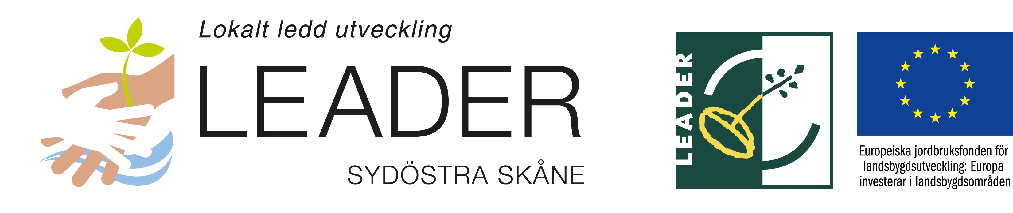 Logotyp för: Leader (lokalt ledd utveckling) Sydöstra Skåne. samt EU:s flagga med texten Europeiska jordbruksfonden för landsbygdsutveckling.