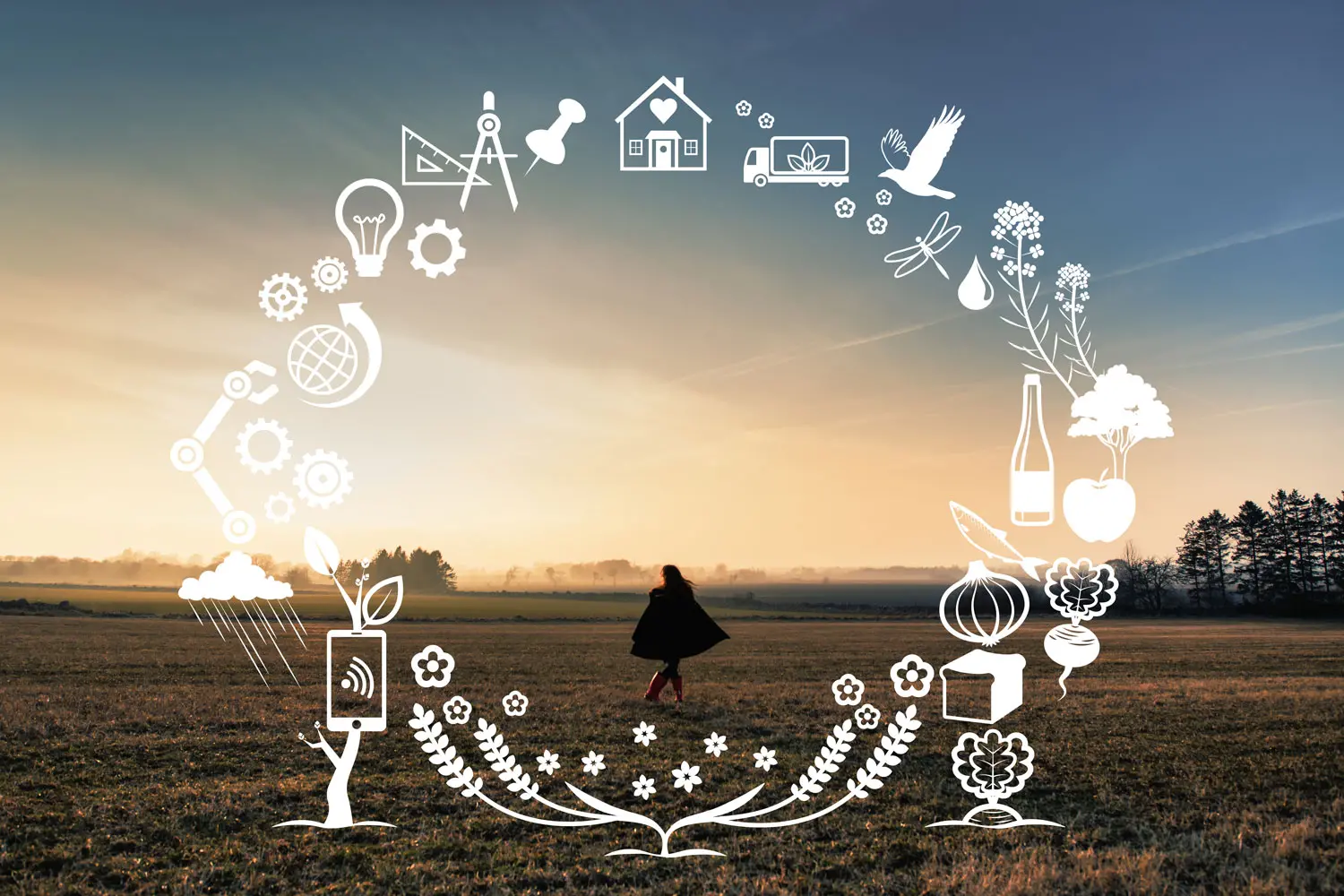 Kvinna med svart kappa på en åker, omgiven av grafik i en krans med olika saker som symboliserar visionen: teknik, innovation, natur och grödor