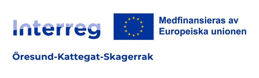 Logotyp för Interreg, Öresund, Kattegatt, Skagerrak. Med EE:s flagga och texten "medfinansieras av europeiska unionen"