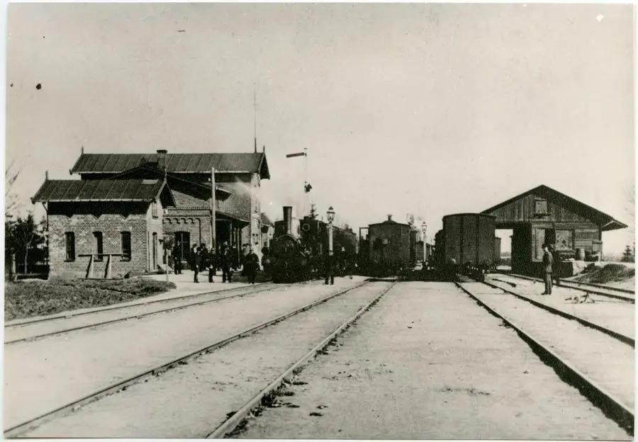 Svartvit bild från 1800-talet tagen från rälsen som går in mot stationsbyggnaderna i Tomelilla