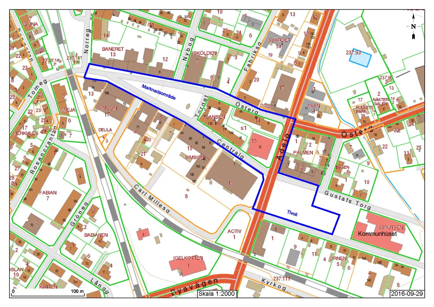 Blå markering längs Östergatan, Centralgatan och delar av Gustavs torg.